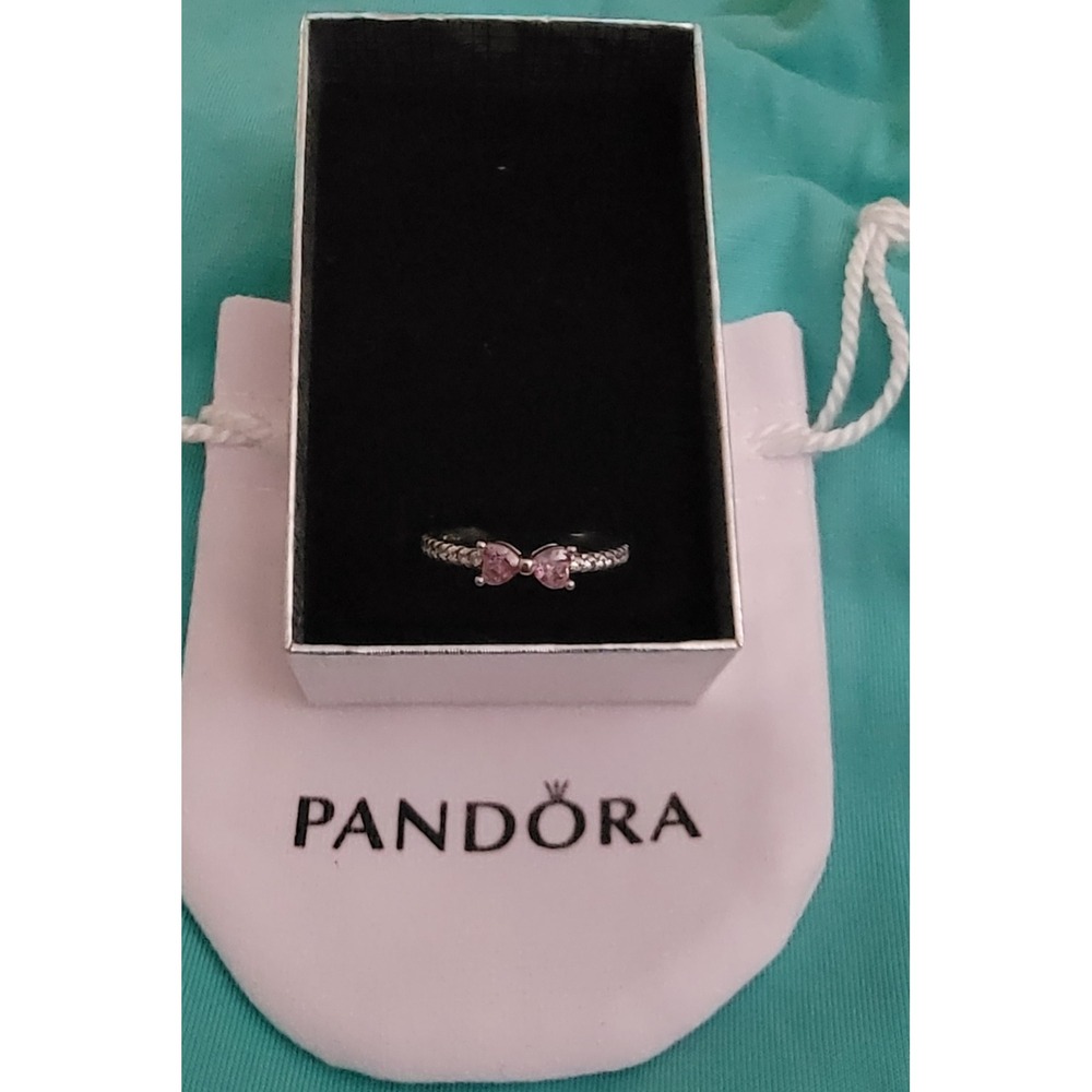 Pandora Sparkling Bow Ring Sterling Silver Pink Heart Cubic Zirconia 190906CZ 54
